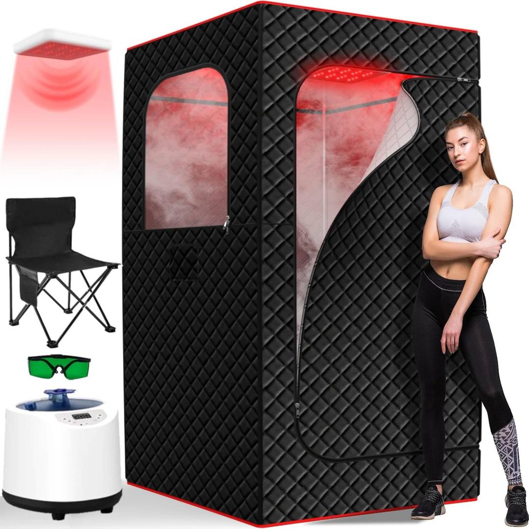 Infrared Home Steam Sauna Box, Portable Personal Full Body Sauna Spa Tent at Home for Relaxation with 660nm Red Light Therapy Lamp, 3L Steamer, Folding Chair, 15 Levels