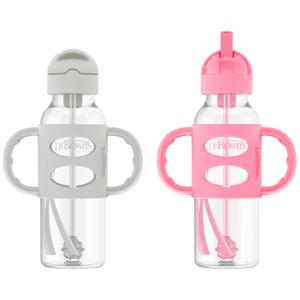 Dr. Brown's Milestones Narrow Sippy Straw Bottle, SpillProof with 100% Silicone Handles and Weighted Straw, 8 oz/250 mL, Gray/Pink, 6m+