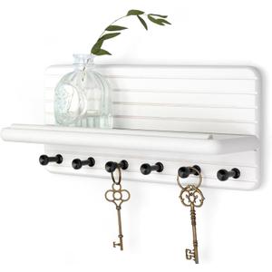 Rebee Vision Decorative Key Holder Wall Mount for Home Organization  11-inch Pine Wooden Key Holder for Wall with 6 Hooks & Floating Shelf - Modern Farmhouse Home Decor (White)