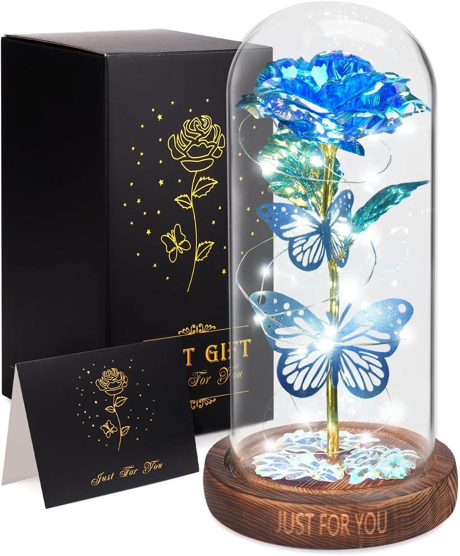 WOKEISE Light Up Rose Butterfly in Glass Dome, Mothers Day Rose Gifts for Mom, Birthday Anniversary Flower Lighted Roses Gifts for Women, Wife, Grandma, Girlfriend, Girls, Sister-Blue