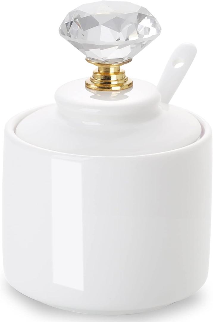 ONTUBE Porcelain Sugar Bowl with Crystal Lid and Spoon,8oz White (Crystal gold)