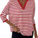 LilyCoco Womens 3/4 Length Sleeve Tops Striped Boat Neck Shirt Frenchy Cotton Tees Red Medium (Red, M)