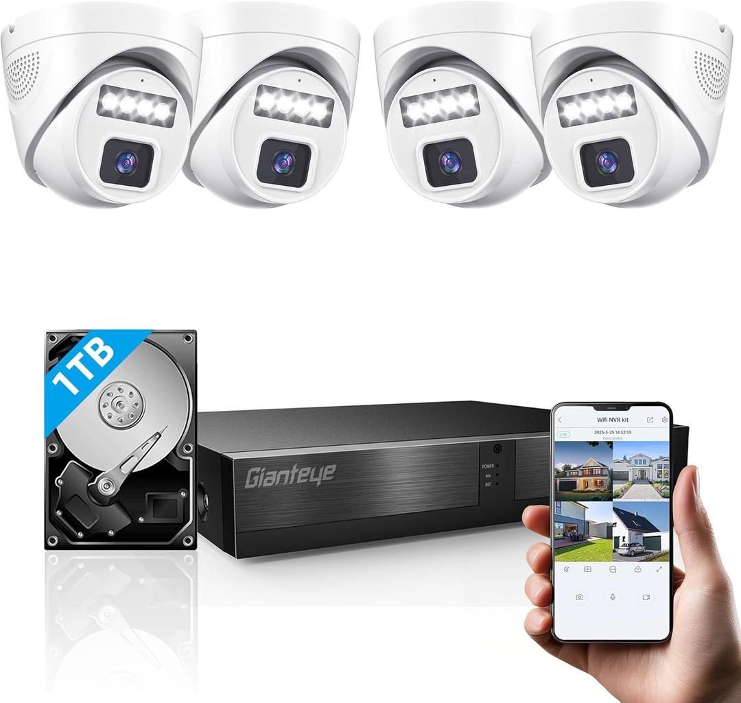 4K Security Camera System, 4pcs 2K PoE Wired Turret Cameras with Human Detection and 2 Way Talk, Color Night Vision, 8MP 4CH NVR with 1TB Hard Drive for 24-7 Local Recording, No Subscription