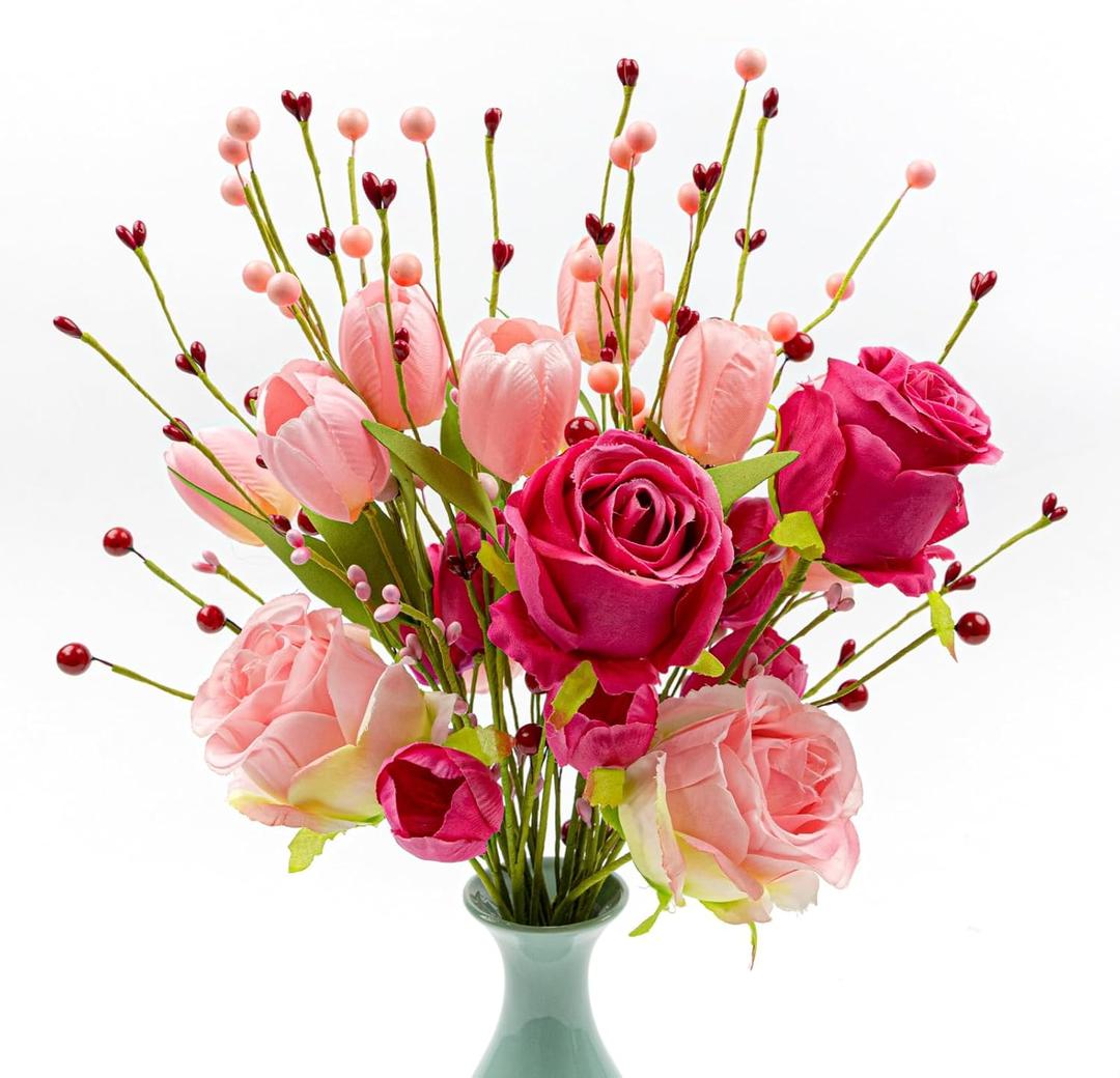 Valentine Centerpiece Table Decorations 10 PCs Romantic Valentines Day Flowers Artificial Red Pink Valentine Flowers with Faux Tulips Roses for Flower Arrangement Vase Wedding Tablecenter