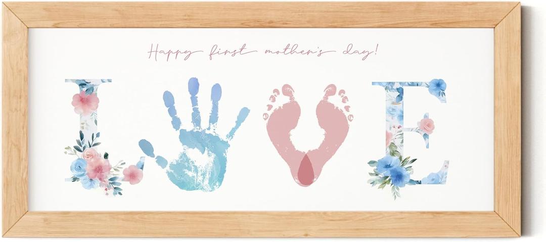 TwoDays First Mother's Day Handprint Gift from Baby - DIY LOVE Keepsake Hand & Footprint Craft Kit for Mom, Family Activity, Great Newborn Gift for Mother's Day (6" X 14", Wood Frame)