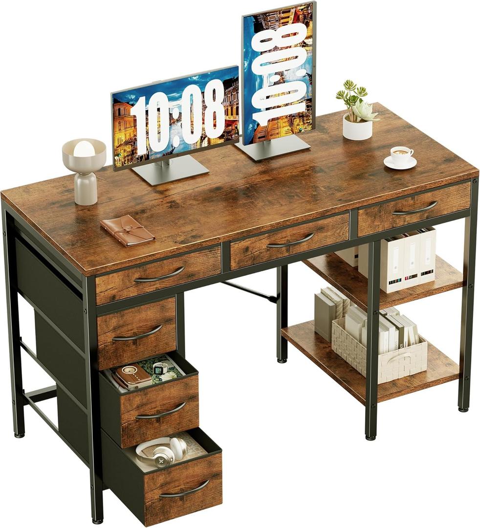 NEWBULIG Computer Desk with 6 Drawers, 47" Home Office Writing Gaming Desks with Storage Shelves, Work Study Table for Bedroom Living Room Rustic Brown