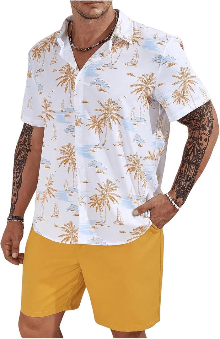Men's Plus Size Hawaiian Matching Set Tropical Print Short Sleeve Button Down Shirt and Shorts Set Vacation Outfits (5X-Large, Yellow)