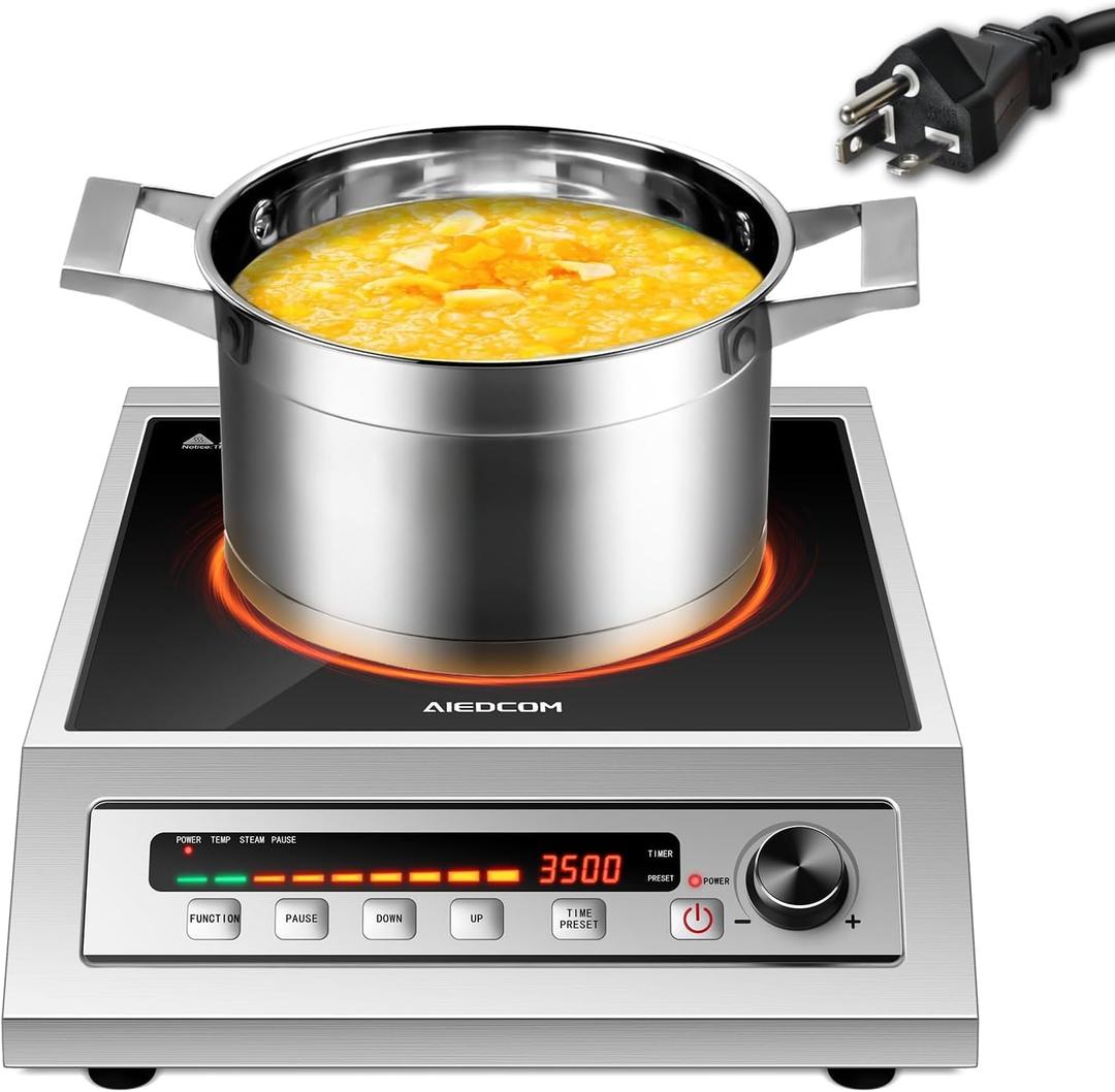 3500W 208v~240v Commercial Induction Cooktop, Multifunctional Induction Electric Stove, Countertop Burner with Press/Knob Controller, LED Strip Display (Silver)