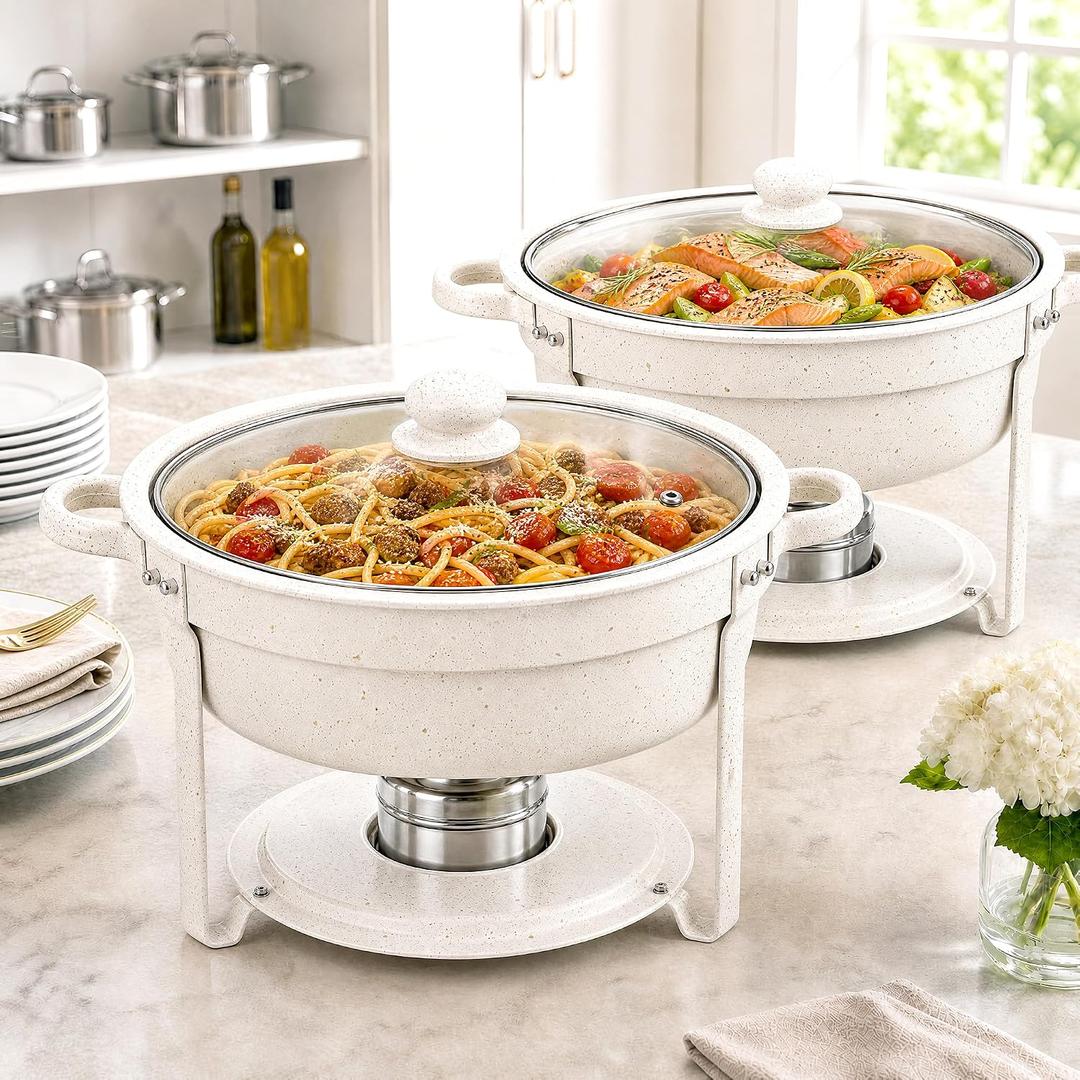 6QT Maifanite-Coated Chafing Dishes for Buffet 2-Pack, White Chafers and Buffet Warmer Sets with Glass Lids, Rolled-Edge, Stackable Design – for Catering, Parties, and Weddings