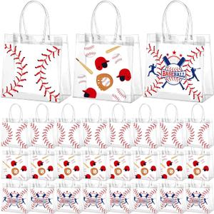 Resholder 30 Pcs Baseball Clear PVC Gift Bags Bulk 3 Styles Baseball Themed Snack Bags with Handle Sport Theme Party Favor for Goodie Treat Candy Birthday Party Decorations Supplies, 8x8x3.15 Inch
