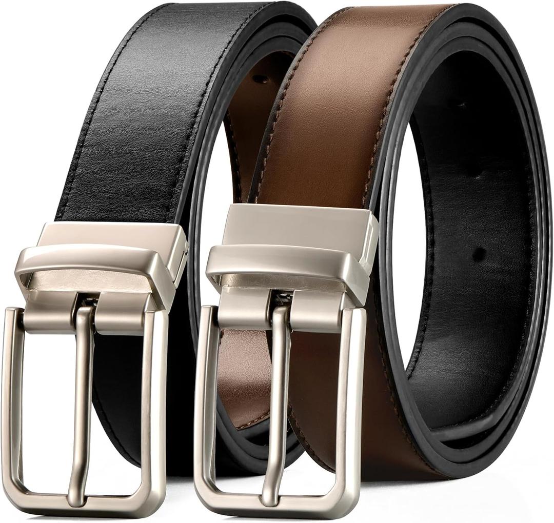 2 x Men's Leather Reversible Belts 1 Pack,1 3/8" Casual Fashion Two Sides in One Belt for Jeans Dress Pants