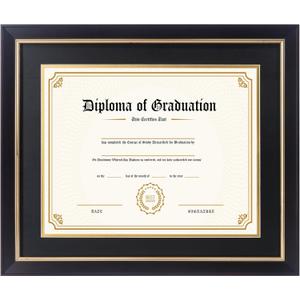 11x14 Diploma Frame with Black over Gold Mat, 14x17 Certificate Frame, Real Wood with Gold Trim, Black Frame with Arcylic