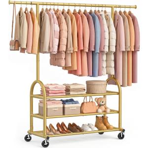 Heavy Duty Clothes Rack for Hanging Clothes Load 688 LBS, Height Adjustable Rolling Clothing Racks, Portable Metal Coat Rack Garment Wardrobe with Wheels and 3 Shelves for Bedroom, Gold