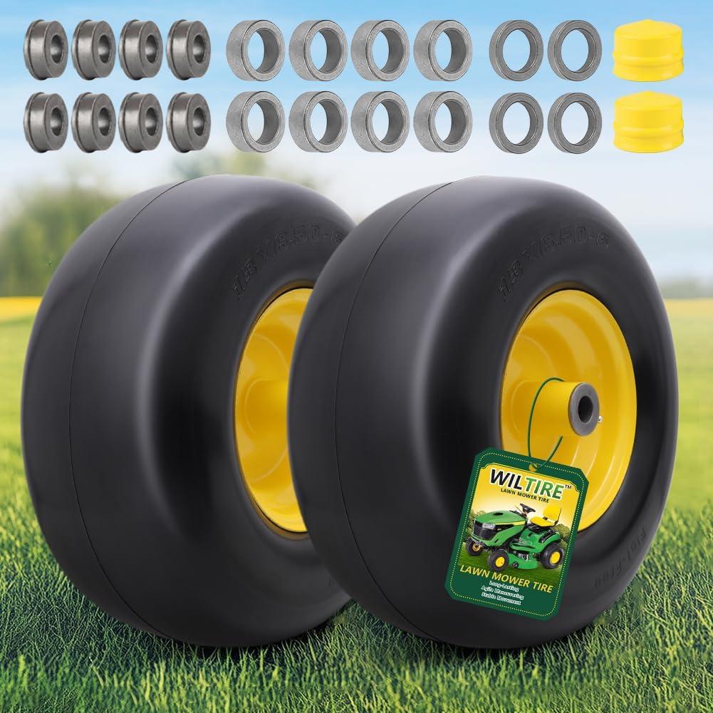 13x6.50-6 Lawn Mower Tires Flat Free Tire and Wheel with Rim, Solid Smooth Rubber for Zero-Turn Mowers, 5.5"-7.72"Centered Hub and 3/4" extra 5/8" 1/2" Bushings (Yellow)