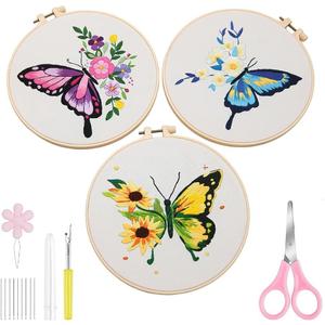 Whimma 3 Pieces Set DIY Embroidery Kit Butterfly Flowers Cute Embroidery Starter Crafts 3 Sets Beginner Embroidery Kit for Adults & Kids Needlepoint Cross Stitch