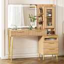 47.24" Big Modern Vanity Desk with Mirror and Lights,Makeup Vanity Desk with 5 Drawers and Storage Shelves & Power Outlet,Dressing Table with Glass Top, Oak