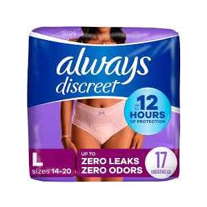 Always Discreet Adult Diapers for Women, Incontinence Underwear, Postpartum Essentials, Disposable Briefs, Max Absorbency, Bladder Leak Protection, Large, 17ct