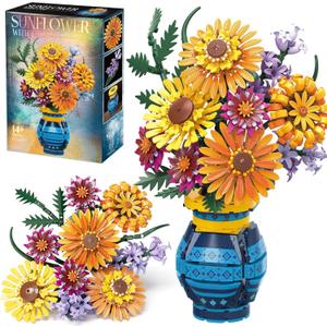 Sunflower Bouquet Building Blocks w/ Vase Set, 1065 PCS Botanical Collection Valentine Birthday Gifts for Adult Women Her Him Mom Teenage, Artificial Flower Home Decor Stocking Stuffers for Teen Girls