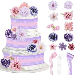 Pink Purple Floral Theme Diaper Cake Decorations for Baby Shower Party, White Lace Pink Purple Ribbons Artificial Flowers Floral Stems Decor for Baby Shower Birthday Party Supplies