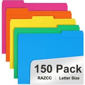 File Folder, RAZCC 150 Pack 1/3 Cut Tab Colored File Folders, File Folder Letter Size for Office Classroom Use, Assorted 5 Colors Folders with Tabs