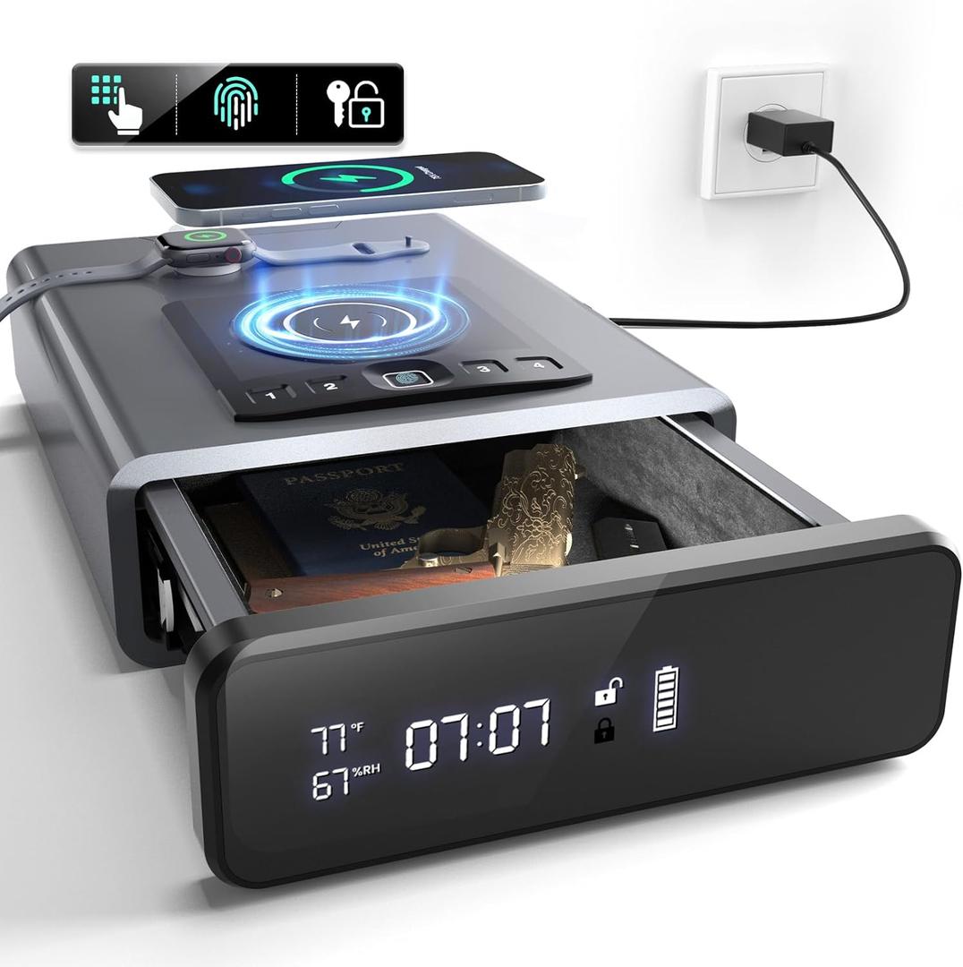 Biometric Gun Safe for Handgun, 24/7 Display Clock Safes with 2-in-1 Watch & Phone Wireless Charging, Pistol Safe with Backlit Keypad, Handgun Safes with LED Light, Auto Pop-up Unlock (gray)