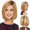RENERSHOW Short Ombre Blonde Bob Wigs for Women 12 inch Cute Straight Bob Wigs for Girls Mixed Blonde Highlight Synthetic Wig Pixie Cut Hair Replacement Wigs