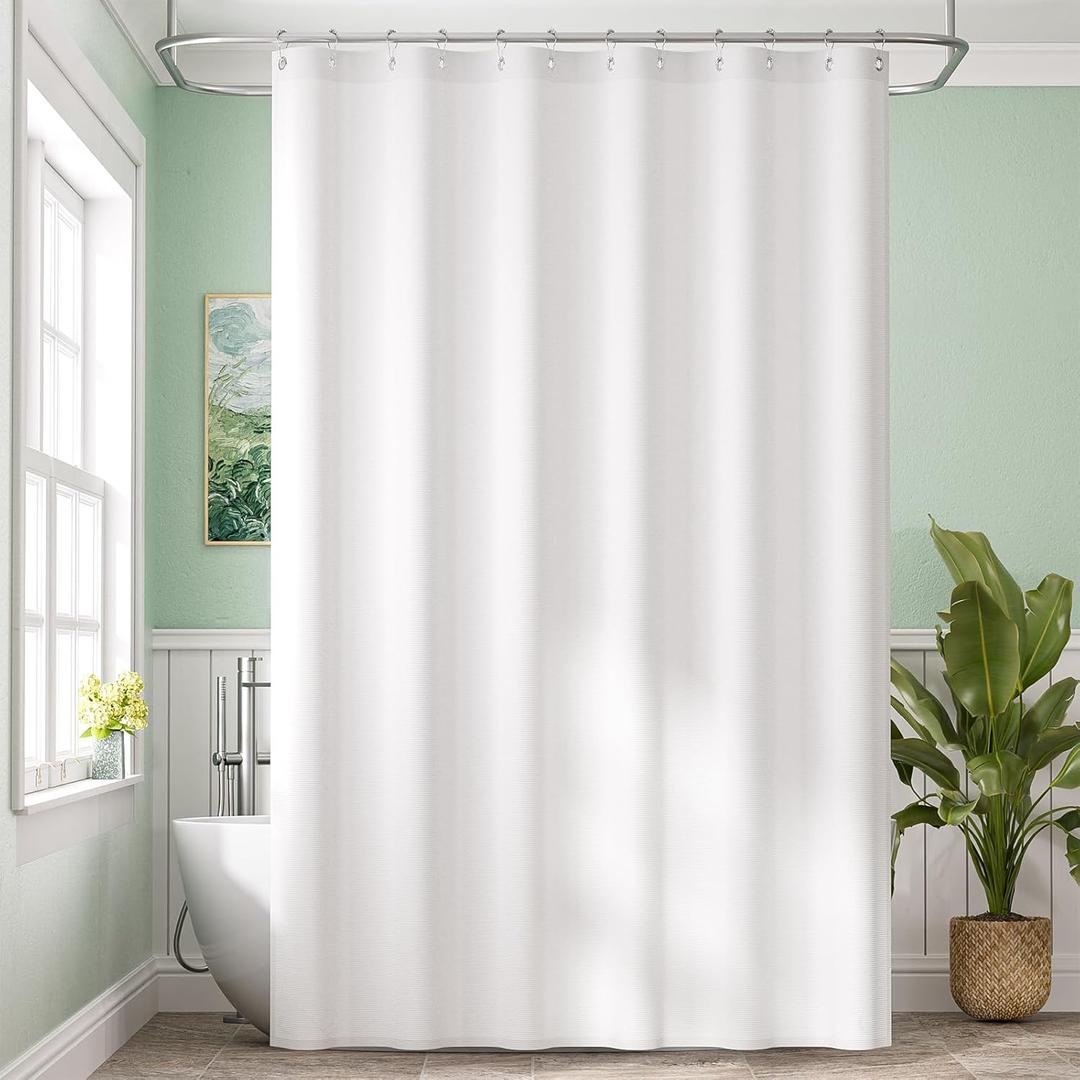 Amazer Extra Long Shower Curtain Liner Washable, 72 x 96 Inches, Fabric White Shower Liner with 2 Bottom Stones, Waterproof 2-in-1 Shower Curtain and Liner, 12 Grommet Holes, Hotel Quality, White