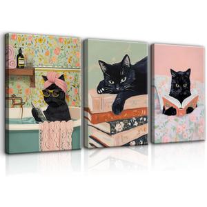 3Pcs Funny Cat Wall Art Bathroom Wall Decor Cat and Book Canvas Picture Pink Girl Room Poster Print Modern Preppy Style Painting for Bedroom Living Room Ready to Hang (16x24in Canvas)