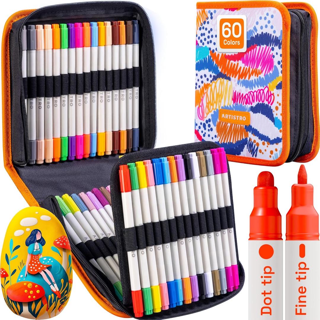ARTISTRO 60 Dual Tip Acrylic Paint Markers, Acrylic Paint Pens, Fabric Markers for Textile, Rock, Glass, Wood, Paper, Ceramic, Canvas DIY Art Supplies Kit for Kids and Adults (Dual Tip Dot + Fine, 60)