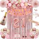 21st Birthday Decorations for Her, Rose Gold Happy 21st Birthday Decorations for Girls, 21 Sash and Crown, Banner, Fringe Curtains, Hanging Paper Fans, 21 Year Old Party Supplies Set