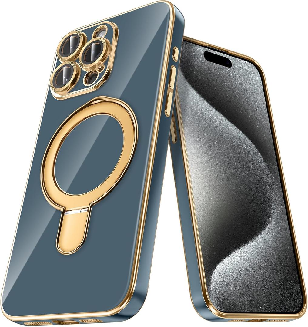 Lontect for iPhone 15 Pro Max Case with Magnetic Invisible Stand[Compatible with MagSafe] Drop Protection Shockproof Slim Fit Cover Built-in Camera Protector Case for Apple iPhone 15 Pro Max Grey Blue