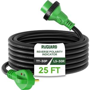 RVGUARD 30 Amp 25 Foot RV Power Cord with Reverse Polarity Indicator, Heavy Duty STW Cord with Cord Organizer, 30 Amp Male Standard to 30 Amp Female Locking Connector, Green, ETL Listed