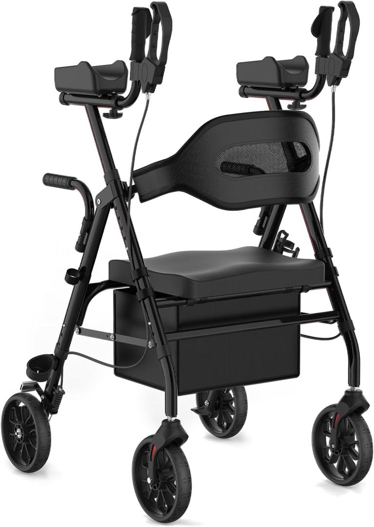 Upright Rollator Walker, Heavy Duty Stand Up Walkers for Seniors with Seat and Reversible Backrest, Foldable Standing Rollator with 8" Anti-Slip PU Wheels, Black