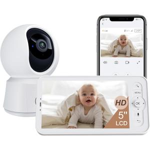 ARENTI WiFi Baby Camera Monitor B2 Kit 2025 Upgraded, 5-inch Wireless Display, Smartphone App, Encrypted Connection, Lullaby, Super Night Vision, Auto Tracking, Temp Sensor, Support Local Storage, White