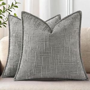 decorUhome Chenille Throw Pillow Covers 18x18 Set of 2, Thick Textured Slubby Neutral Decorative Pillow Covers with Elegant Design for Couch, Sofa, Living Room, Neutral Grey