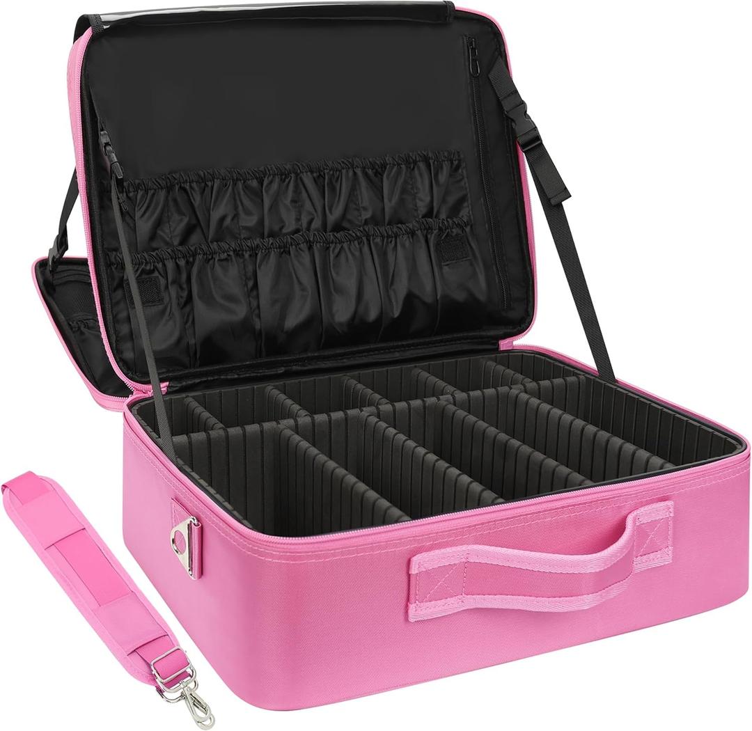 Relavel Extra Large Makeup Case Travel Train Case Professional Makeup Artist Bag Portable Nail Organizer Box Art Supply Case with Adjustable Dividers/Attach to Trolley/Shoulder Strap (Rose Pink)