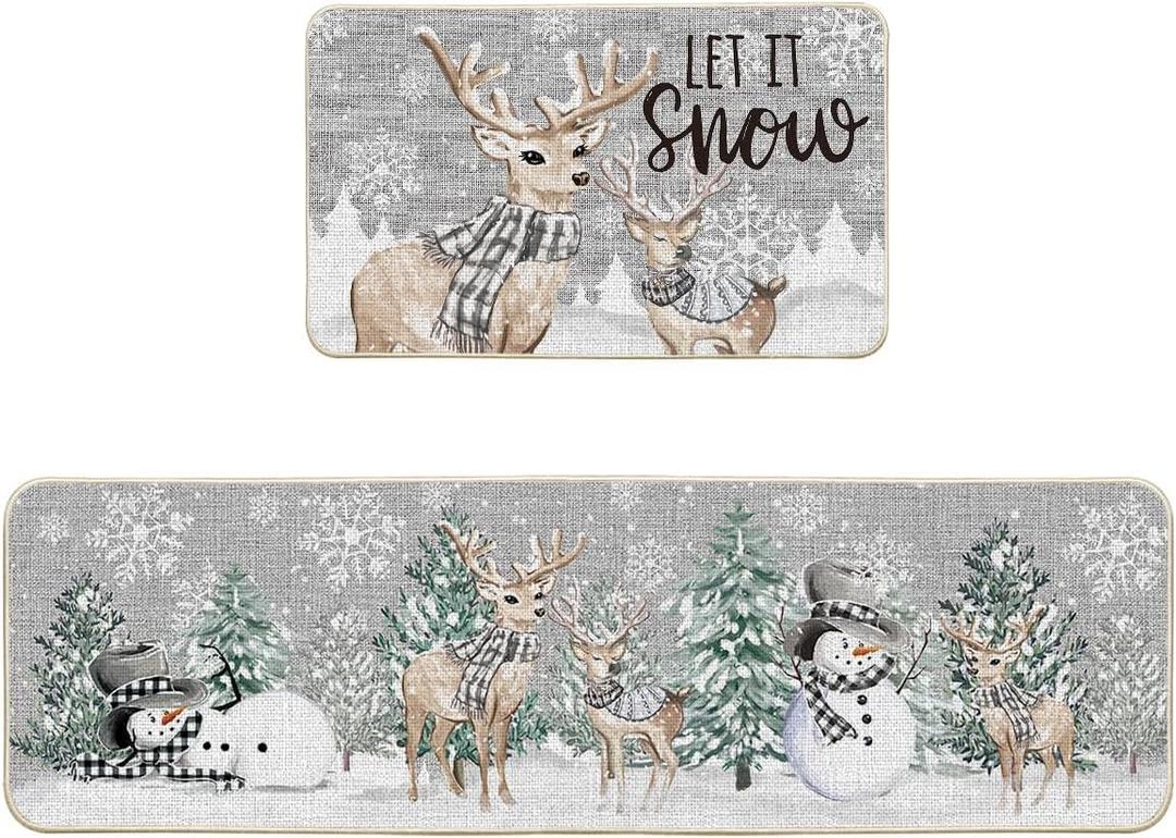 Artoid Mode Xmas Trees Deer Snowflakes Christmas Kitchen Mats Set of 2, Winter Home Decor Low-Profile Kitchen Rugs for Floor - 17x29 and 17x59 Inch (Silver)
