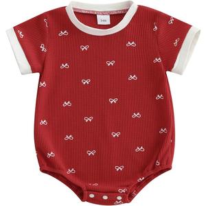 Adobabirl Baby Girl Outfit Newborn Bow Bubble Romper Short Sleeve Waffle Jumpsuit Shirt Infant Cute Summer Clothes (Red, 0-3 Months)