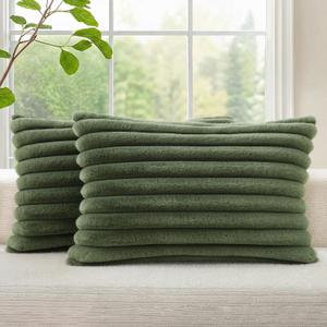 decorUhome Cozy Faux Fur Throw Pillow Covers 12x20 Set of 2 Decorative Soft Plush Striped Lumbar Modern Farmhouse Boho Couch Pillow Cases with Velvet Back for Sofa Bed Living Room, Olive Green