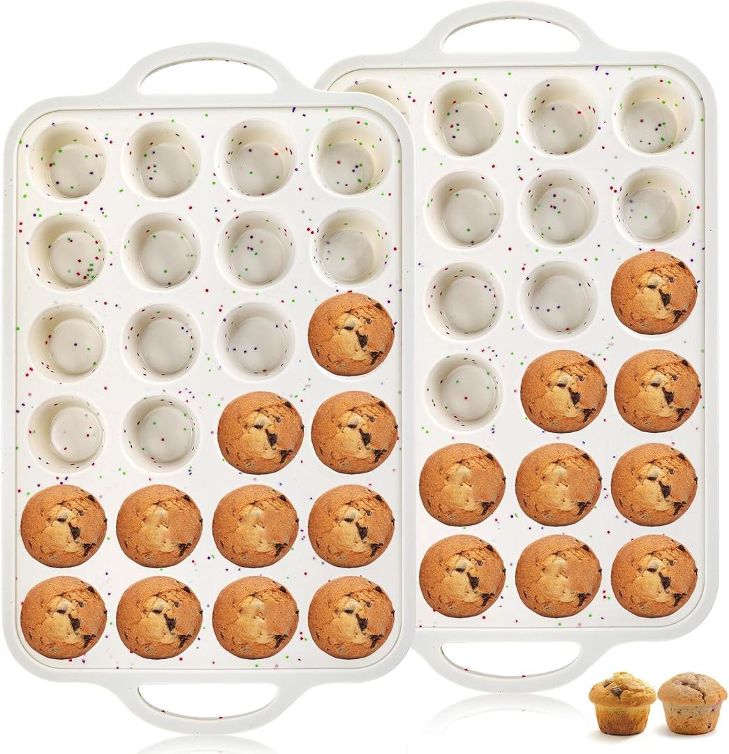 2 Pieces Silicone Muffin Pans, Metal Frame Cupcake Pan with Handles, 24 Mini Cups Non-Stick Muffin Mold Tray for Baking Muffin, Tart, Cakes, Bread, Egg Bites