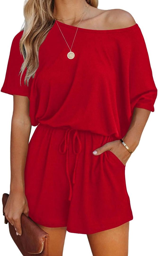 Lacozy Women's 2026 Summer Short Sleeve Off The Shoulder Rompers Casual Shorts One Piece Overall Jumpsuits Dressy Red XL