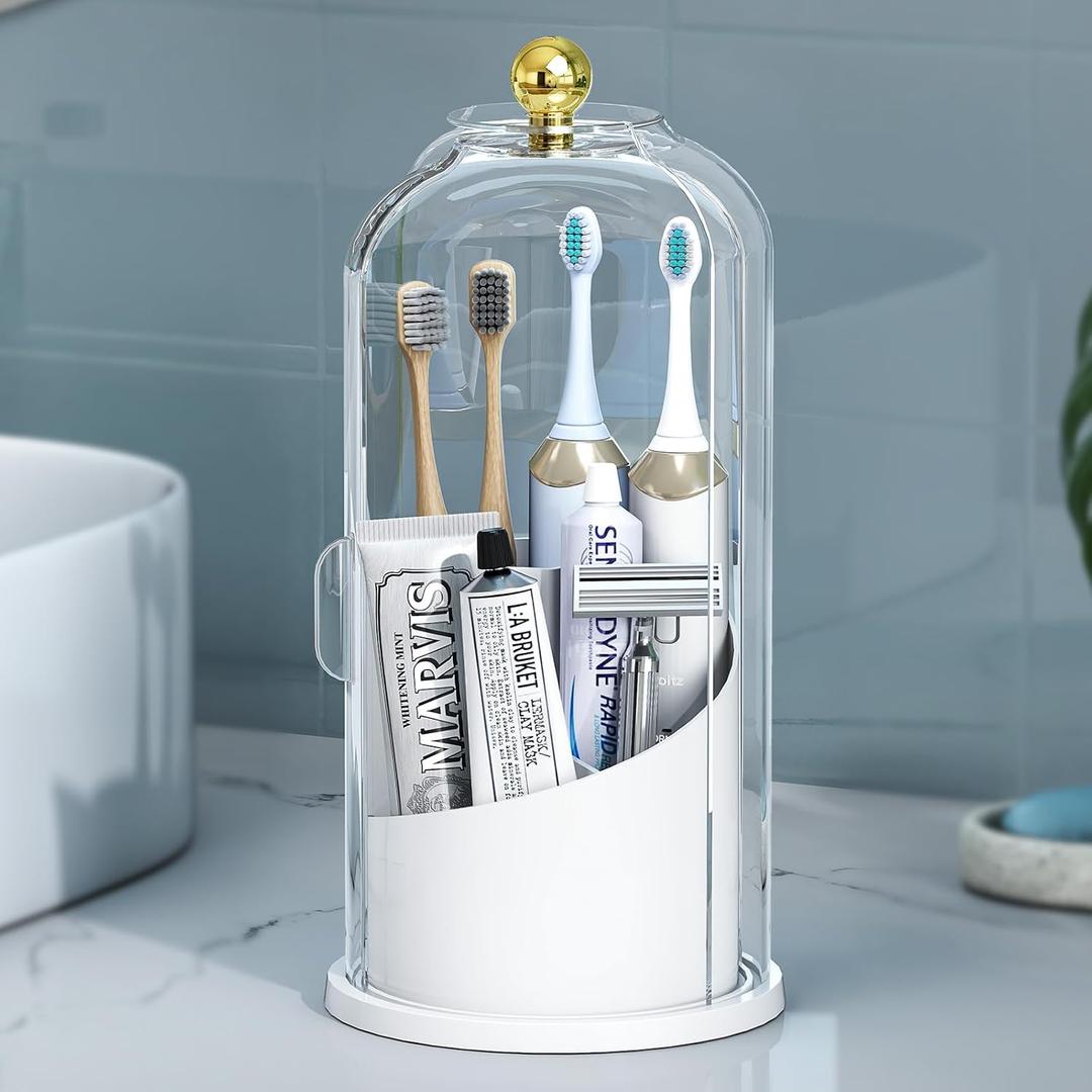 Delamu Covered Toothbrush Holder with 180 Dustproof Sliding Lid, Toothbrush Organizer with 360 Smooth Rotating Base, 3 Slots Makeup Brush Organizer for Vanity, White