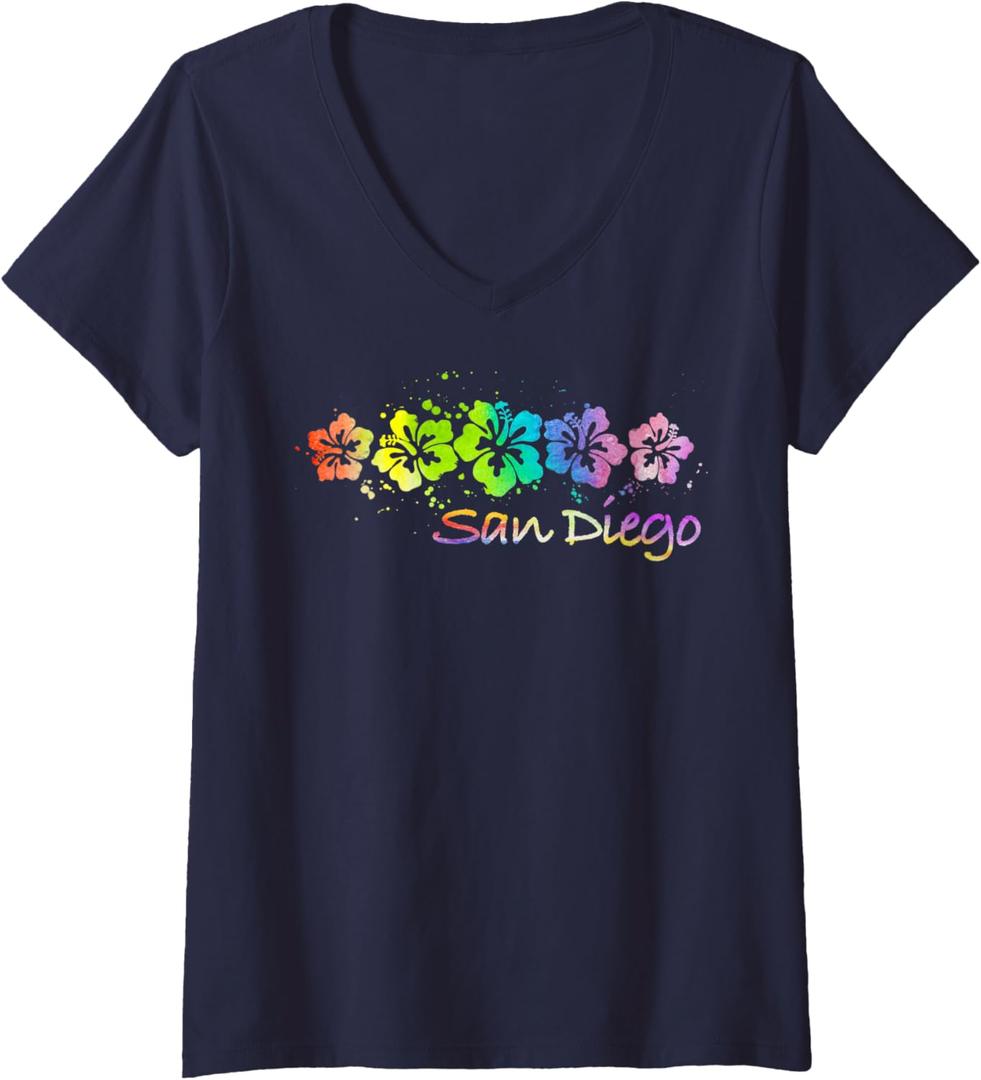 Womens San Diego, CA Watercolor Beach & Surf V-Neck T-Shirt S