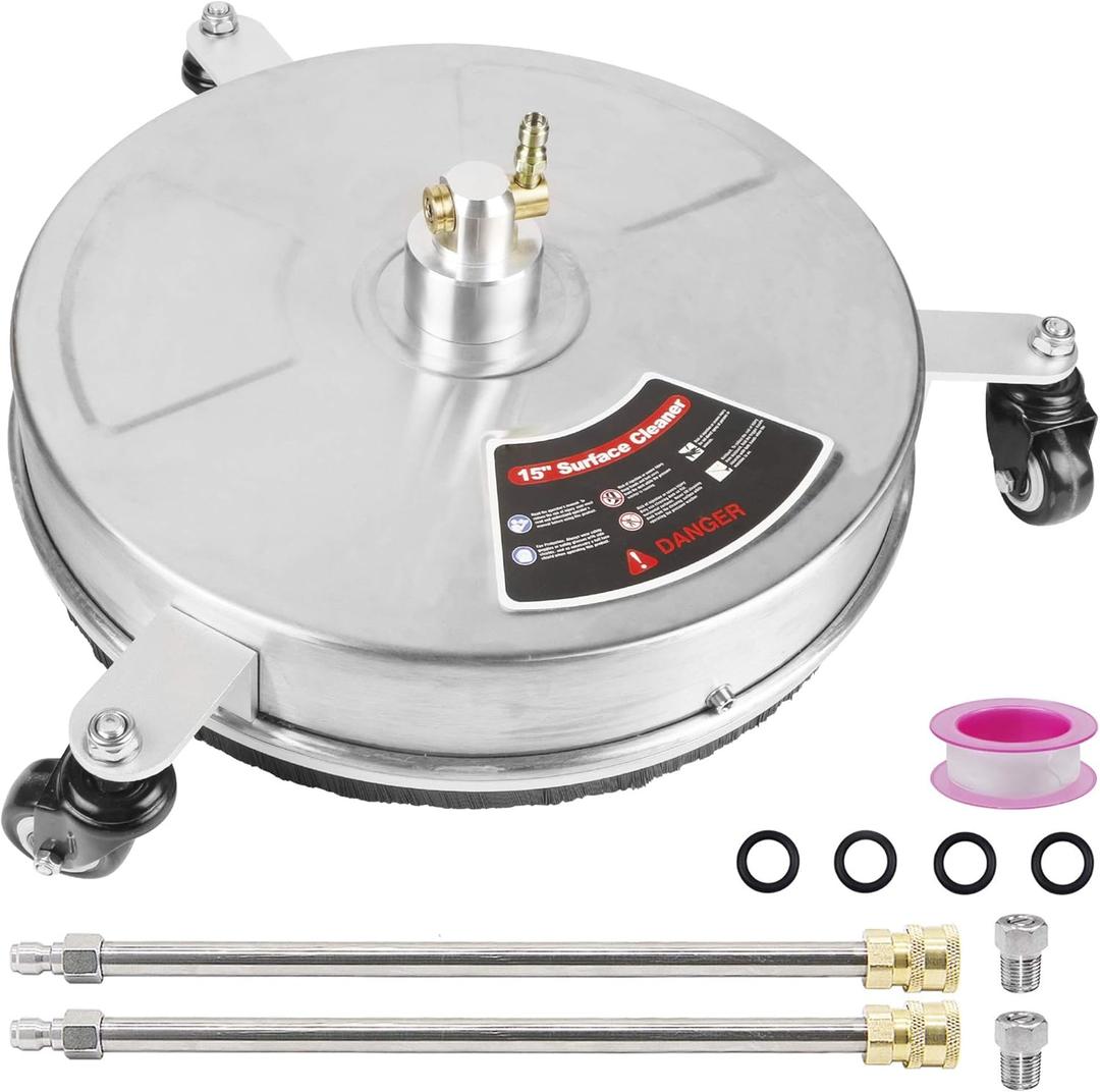 Twinkle Star 15" Pressure Washer Surface Cleaner with 3 Wheels, Stainless Steel Housing & 1/4" Quick Connector, Power Washer Attachment with 2 Extension Wand, 2 Replacement Nozzles, 4000 PSI