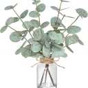 Fake Eucalyptus Stems in Vase with Faux Water,Artificial Plants Eucalyptus Leaves for Shelf Desk Bathroom Farmhouse Room Coffee Table Faux Greenery Plants Decorations (Green)