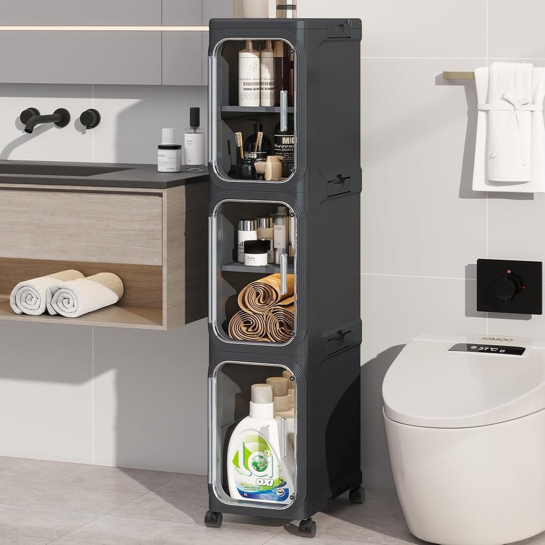 3-Tiers Slim Bathroom Storage Cabinet, Foldable Storage Cabinets,Narrow Bathroom Storage,Movable Bathroom Storage Organizer for Small Spaces,Bathroom,Kitchen,Laundry, Black
