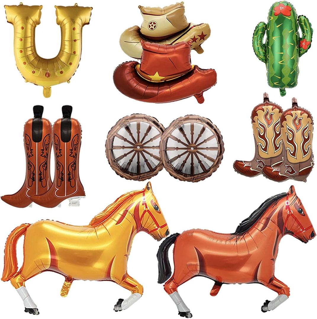 12 Pcs Western Cowboy Themed Horse Balloon Kit, Western Party Decorations Including Horse Boots Hats Cactus Horseshoes Wheels Balloons for Cowboys and Cowgirls Birthday Party Decoration