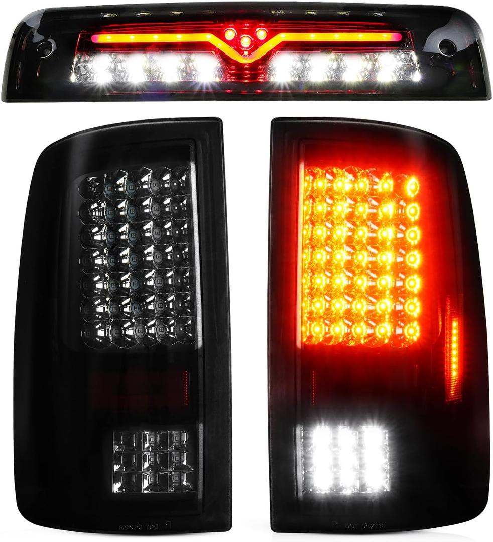 LED Tail Light Assembly + 3rd Brake Light Fit for Dodge Ram 1500/2500/3500 2009-2018, for Dodge Ram 1500 Classic 2019 [Fit Factory Halogen Model, Not Fit Factory LED], Smoke Lens 3 PCS