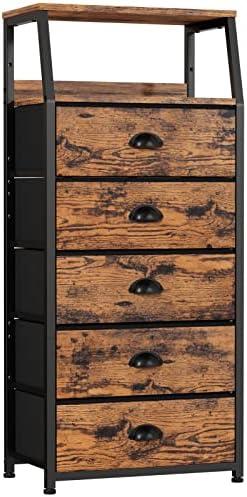 Furnulem Tall 5 Drawers Dresser, Vertical Storage Tower Fabric Dresser for Bedroom, Hallway, Entryway, Nursery, Closet Organizer, Nightstand Bedside Table Furniture, Sturdy Steel Frame, Wood Top