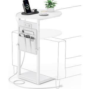 Vagusicc C Shaped End Table with Charging Station, 32" Tall Side Table for Couch and Recliner, Adjustable Height Small Couch Side Table Slide Under Sofa TV Tray Table for Living Room, Bedroom, White